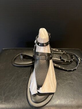 Black Studded Leather T-Strap sandals